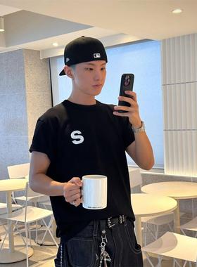 SEVENTEEN权顺荣hoshi同款字母S黑色纯棉短袖T恤女男韩版学生上衣