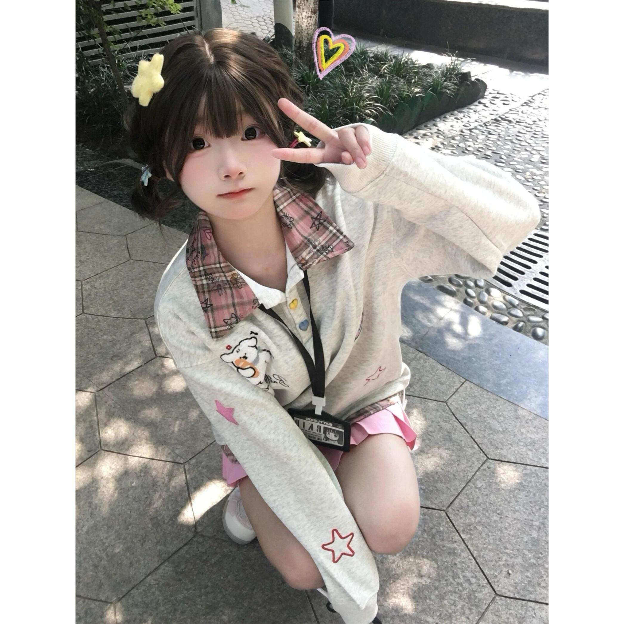 秋冬加绒美式复古假两件刺绣POLO领卫衣女初中高中学生宽松上衣潮