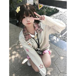 秋冬加绒美式复古假两件刺绣POLO领卫衣女初中高中学生宽松上衣潮