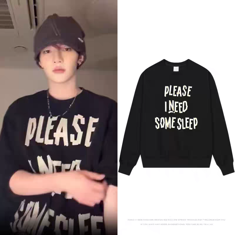 ZB1章昊同款美式字母复古设计感潮牌学生圆领黑色卫衣女秋冬加绒