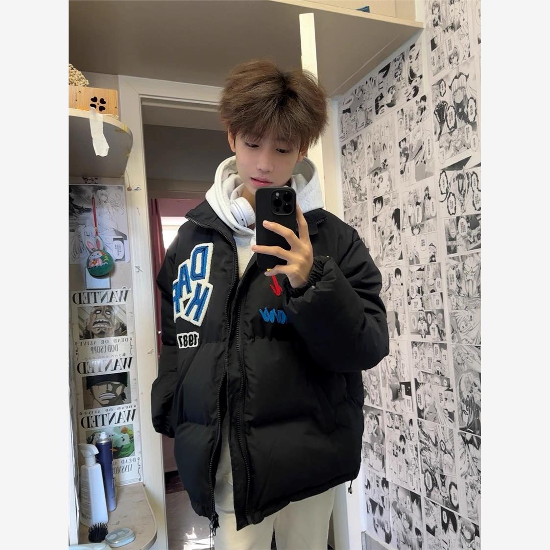 美式复古国潮牌字母植绒刺绣棉服