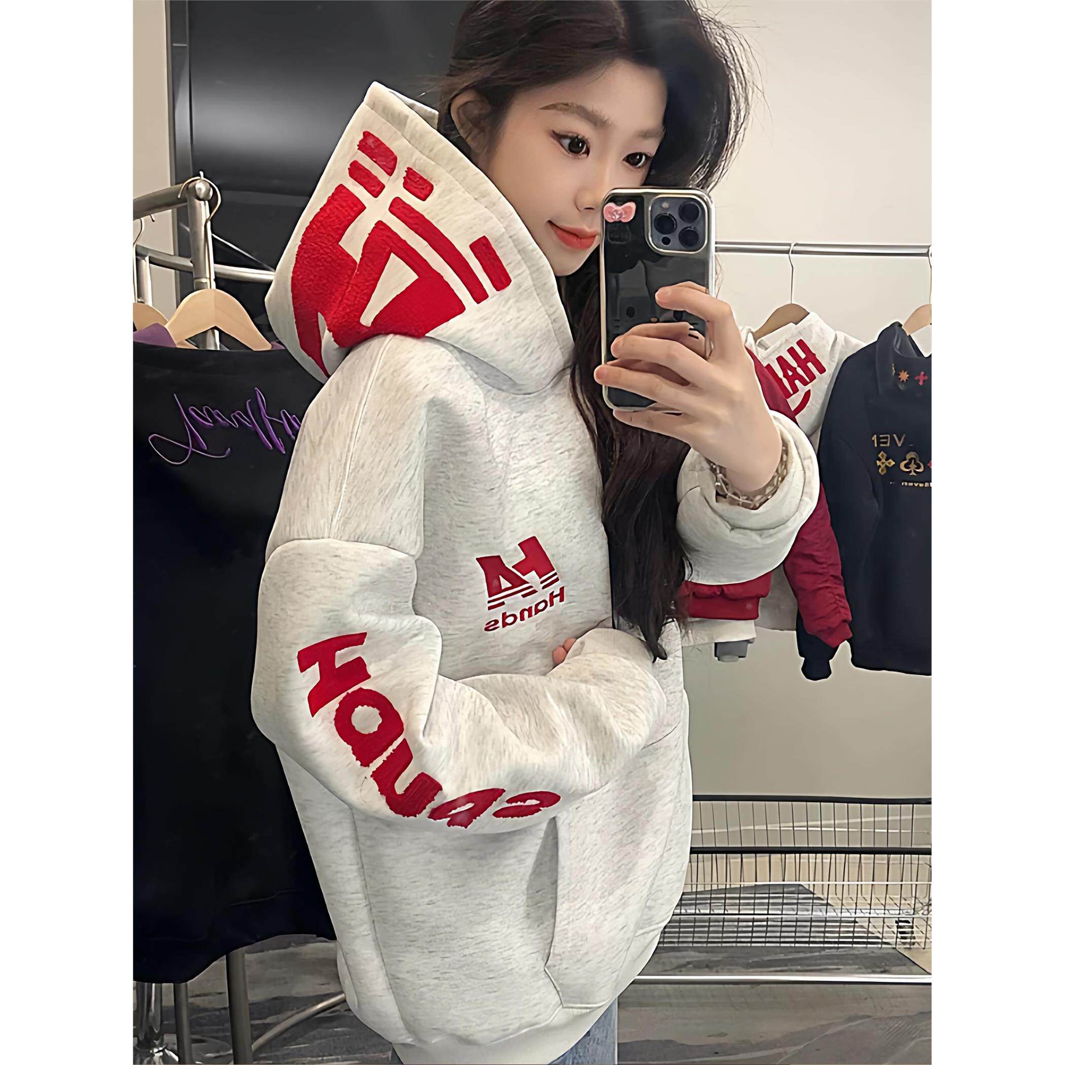 国潮牌灰色字母刺绣连帽卫衣女秋冬2025新款加绒加厚宽松学生外套