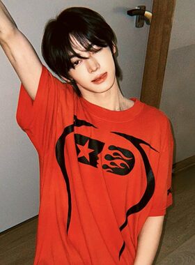 TWS韩振HANJIN同款红色纯棉短袖T恤男韩版宽松美式复古休闲上衣潮