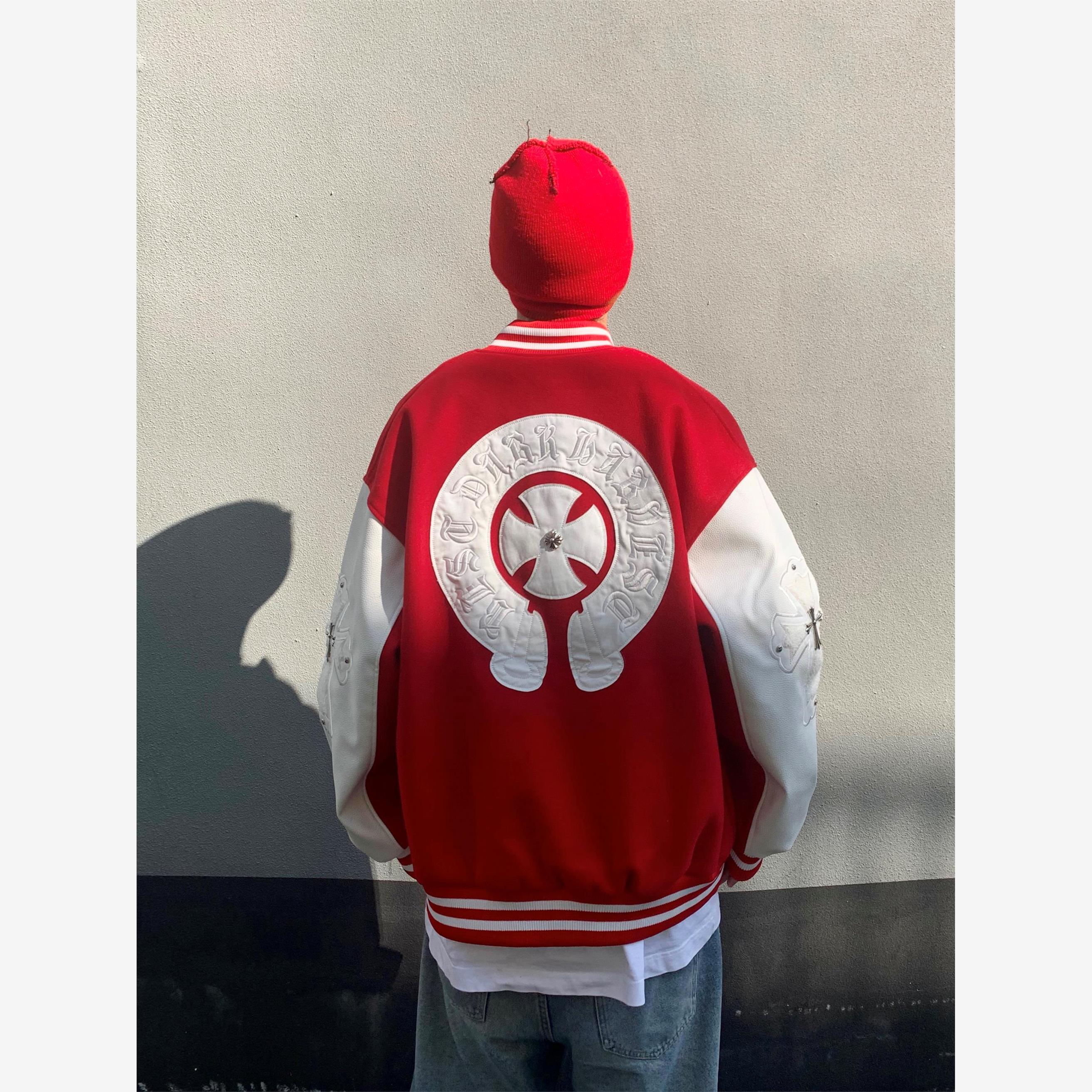 秋冬美式复古梵文十字架棒球服