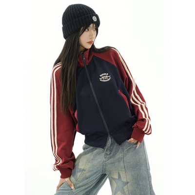 Amoeba美式复古学院风辣妹短款拉链开衫女条纹拼色立领休闲外套