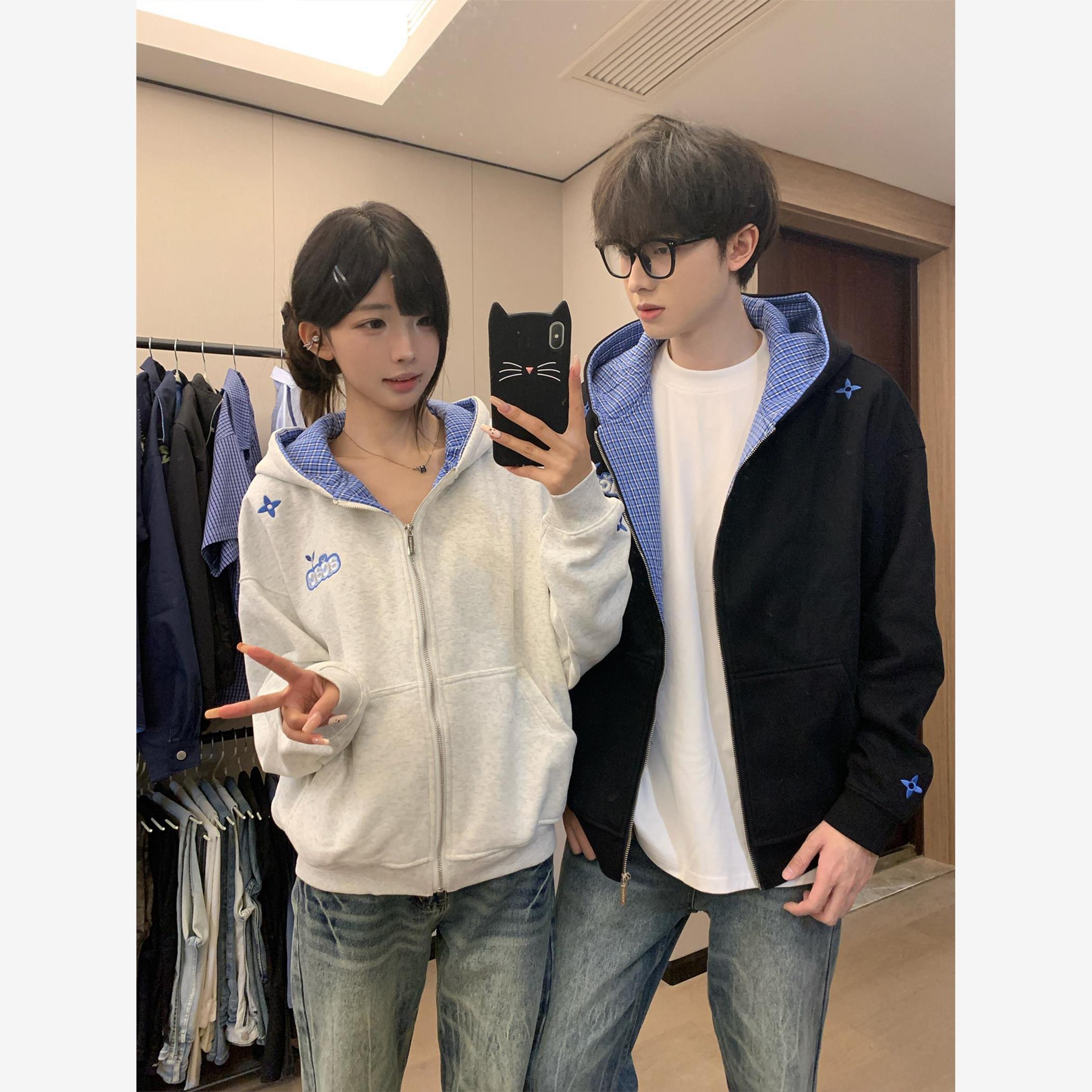 2025新款格子拼接假两件卫衣男款秋冬宽松加绒加厚情侣装开衫外套