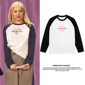 BLACKPINK朴彩英rose同款 插肩长袖 T恤女纯棉黑白撞色拼接宽松上衣