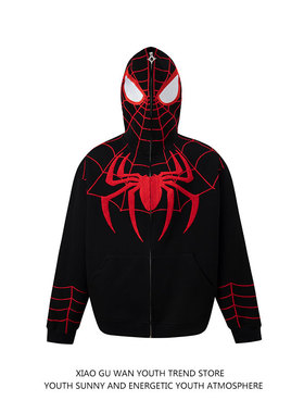 小古万hiphop蜘蛛侠拉链连帽卫衣男女美式潮牌动漫Spider Man外套