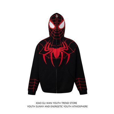 小古万hiphop蜘蛛侠拉链连帽卫衣男女美式潮牌动漫Spider Man外套
