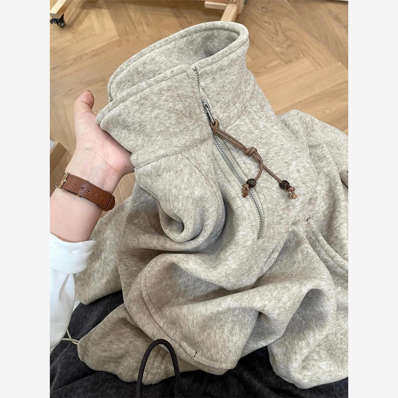 早秋季灰色高领开衫卫衣女