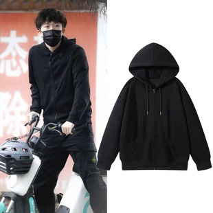 王楚钦同款纯色开衫黑色连帽外套男女秋冬宽松运动训练青少年上衣
