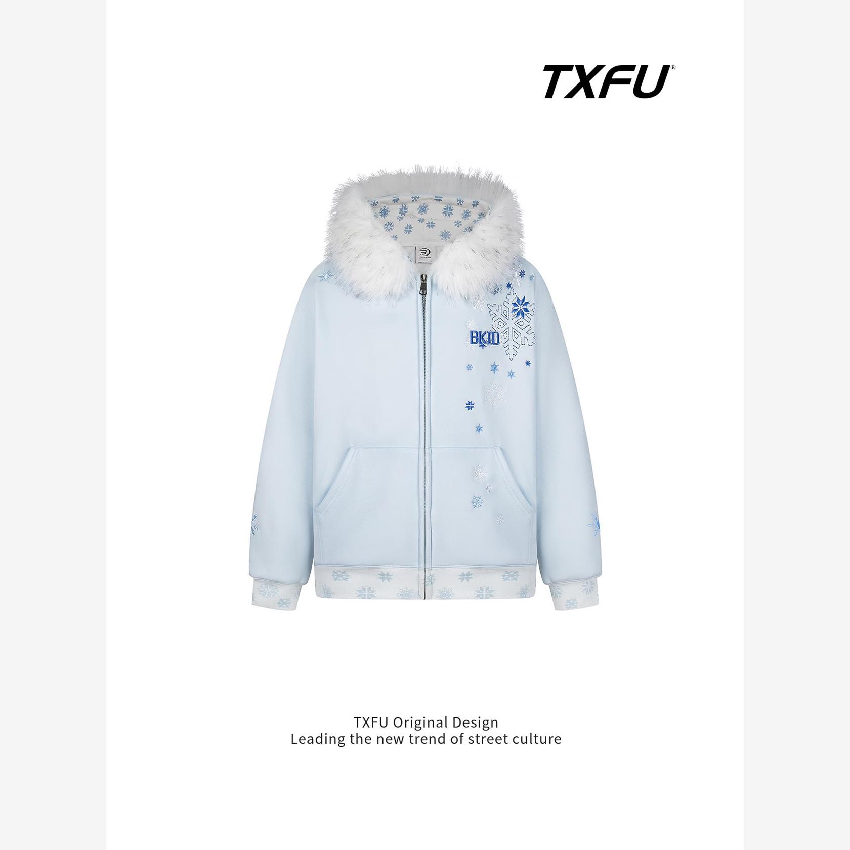 原创设计雪花刺绣毛领开衫卫衣