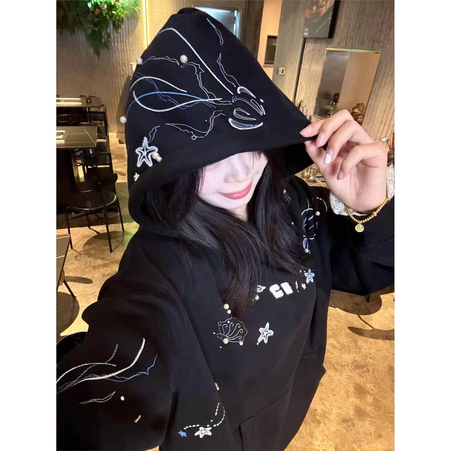 美式高街钉珠刺绣连帽卫衣男女秋冬新款宽松加绒加厚情侣帽衫外套