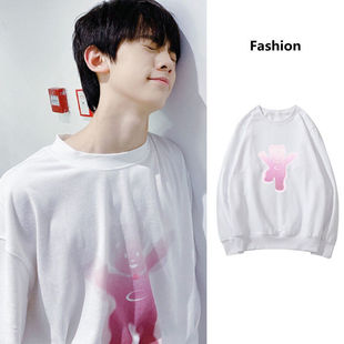 TF家族左航同款渐变模糊珍珠项链跳舞小熊白色冬季加绒加厚卫衣