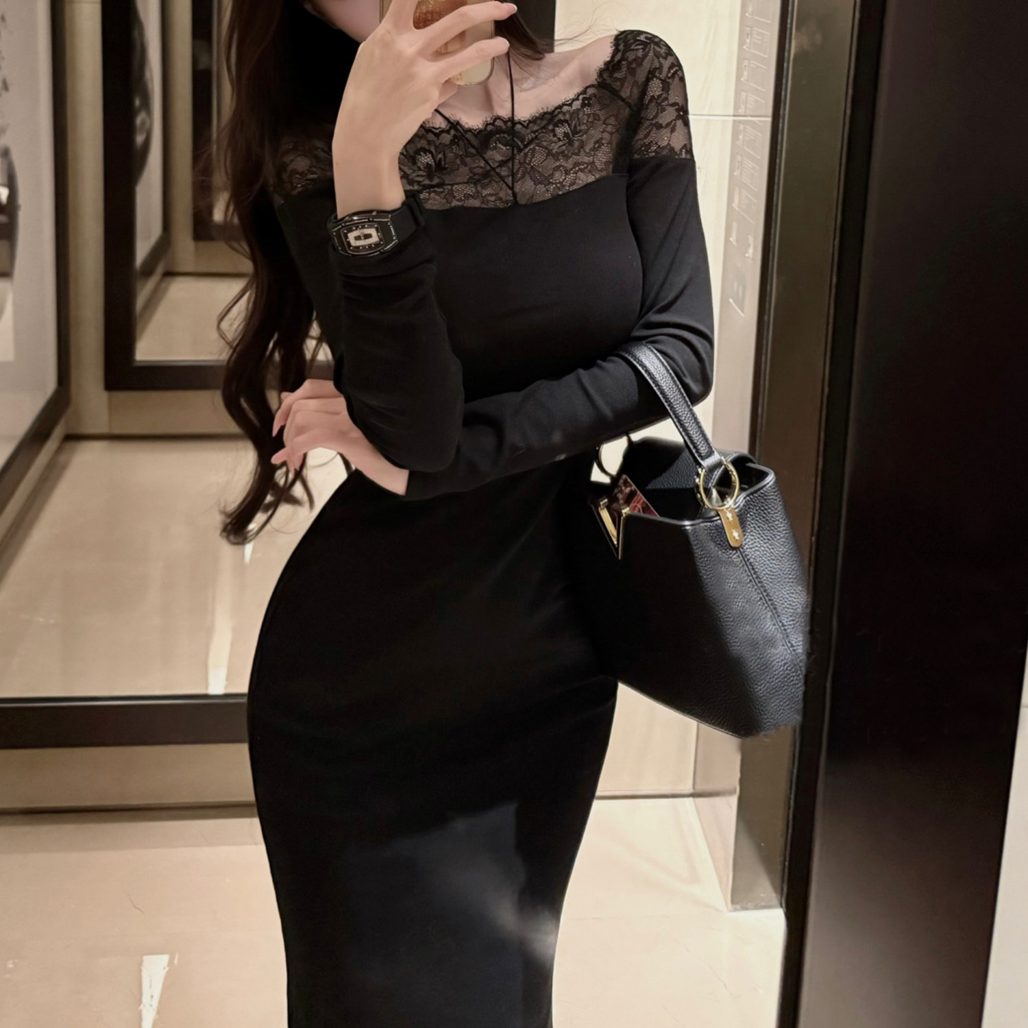 夜幕玫瑰*御姐性感蕾丝包臀显身材针织长款连衣裙女秋冬打底裙子