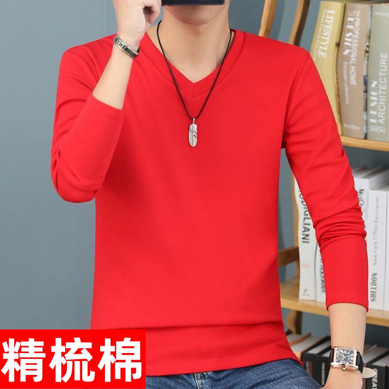纯棉秋季男装v领条纹短袖t恤新款男生潮流大码修身打底衫长袖上衣