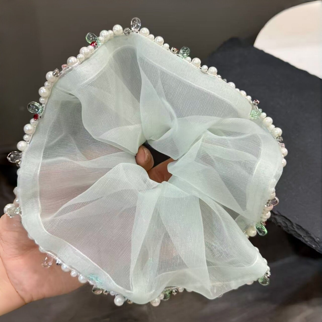 东大门甜美珍珠网纱大肠发圈发饰