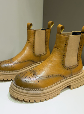 切尔西靴男冬季新款英伦风高帮马丁靴厚底一脚蹬内增高黄色靴子