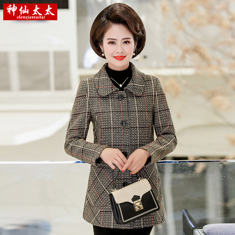 中年人春秋小西服外套中老年女装妈妈短款西装秋装上衣格子40岁50