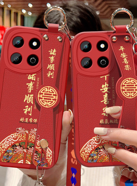 适用华为荣耀畅玩60Plus手机壳防摔ALT-AN00硅胶软边5G可斜挎腕带镜头全包边保护套女中国风背带挂绳红色新款