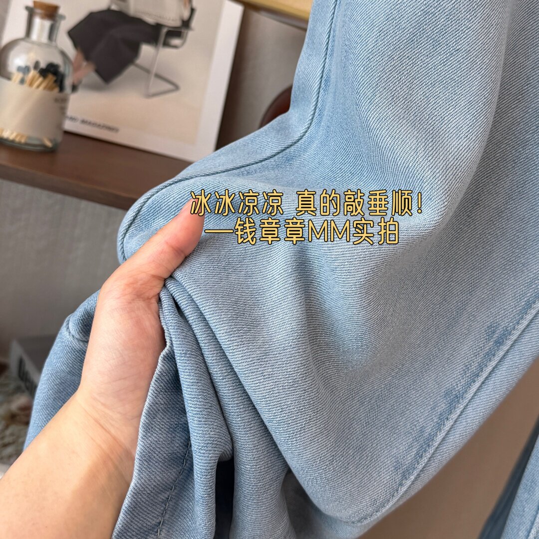 钱章章 自制100天丝！不做混纺！垂坠冰感直筒牛仔裤女高腰双排扣