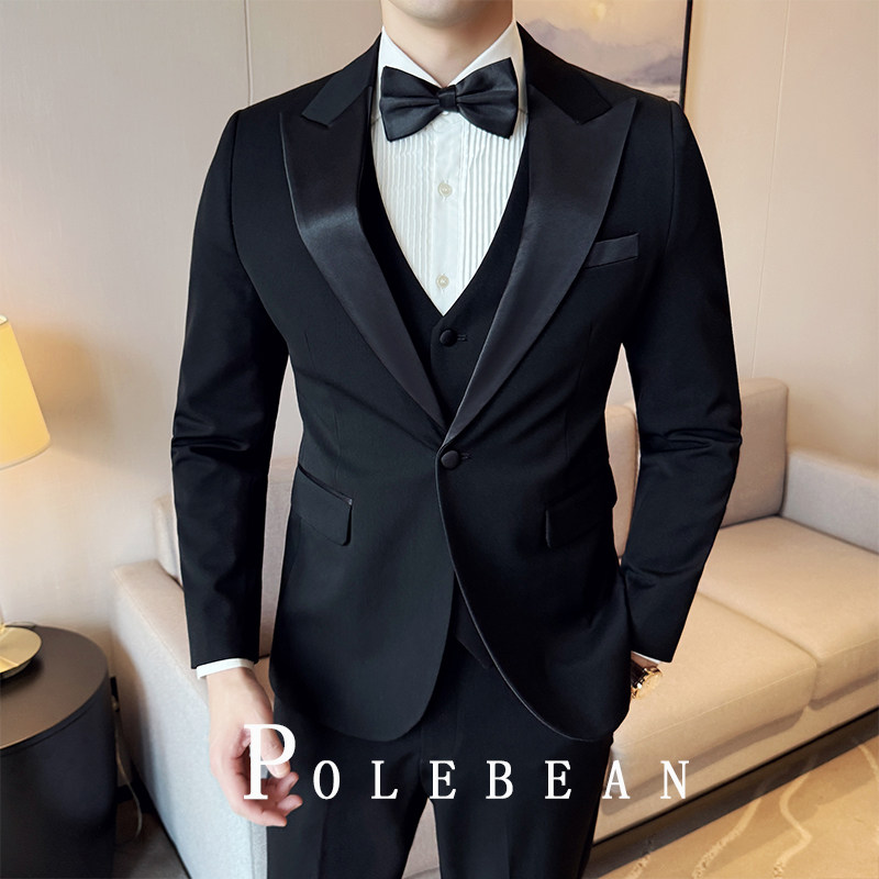 西装新郎结婚西服套装男士韩版修身春夏季正装塔士多青果领晚礼服