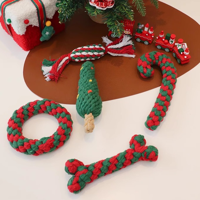 宠物圣诞节狗狗玩具耐咬磨牙洁齿棉绳编织小型犬比熊节日装扮礼物