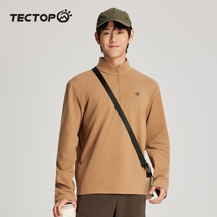 TECTOP探拓户外秋冬双面德绒T恤男士薄绒保暖立领半开衫运动长袖