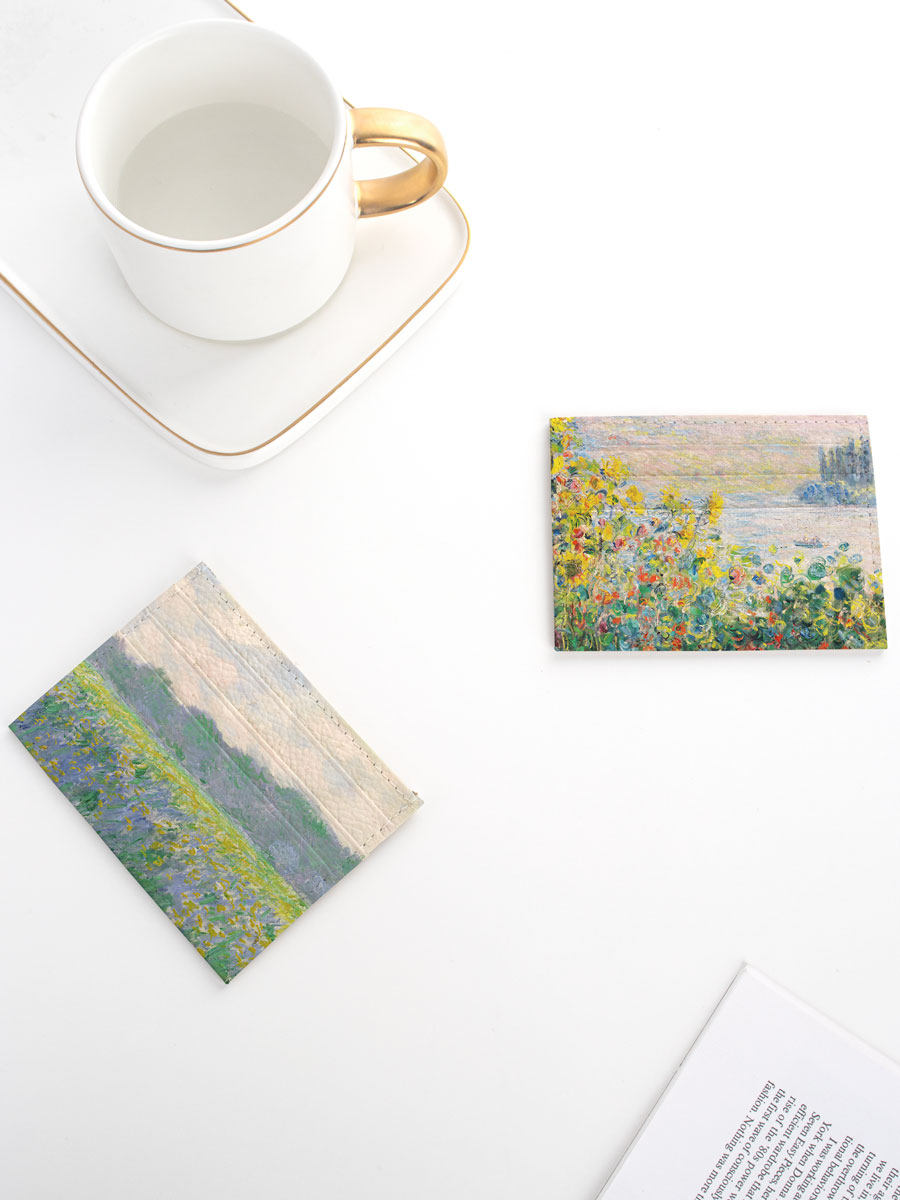 莫奈风景油画卡包女士超薄大容量牛皮卡片包可爱真皮简约公交卡套