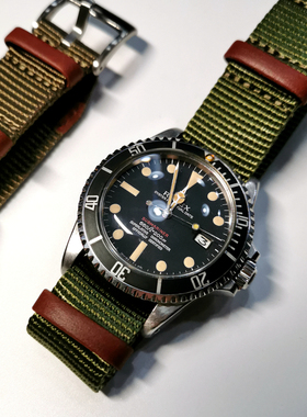 原装Lugran尼龙皮革nato表带卡其野战复古潜水配劳海马康卡斯罐头