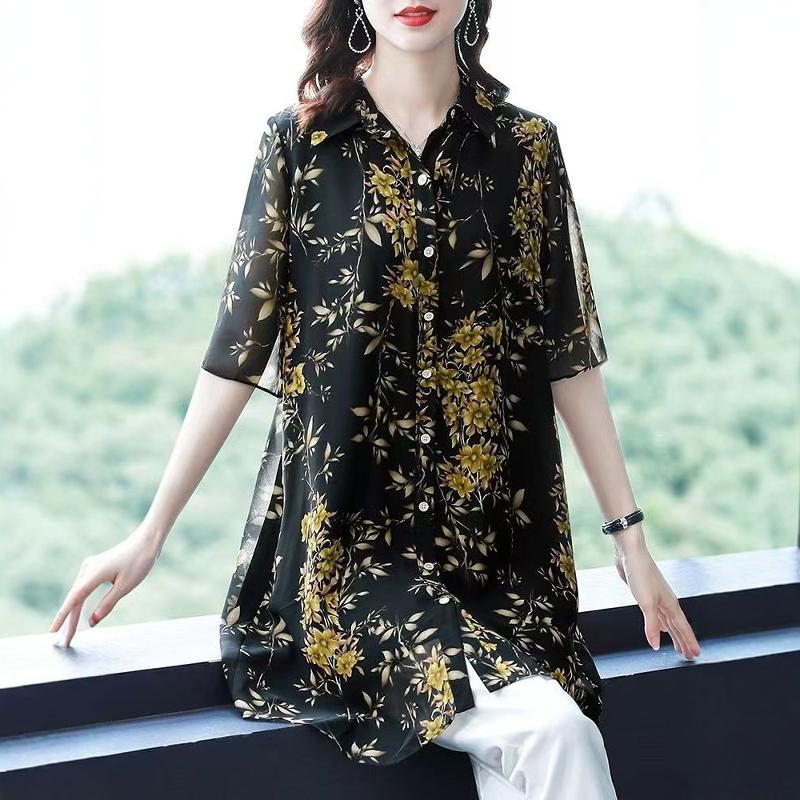 妈妈装雪纺衬衫女中长款春夏季大码宽松遮肚子显瘦七分袖碎花上衣