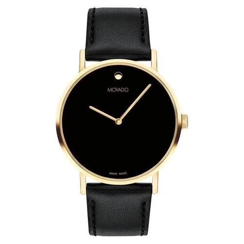 摩凡陀表Movado 0607591男手表金色黑色皮表带不锈钢表壳