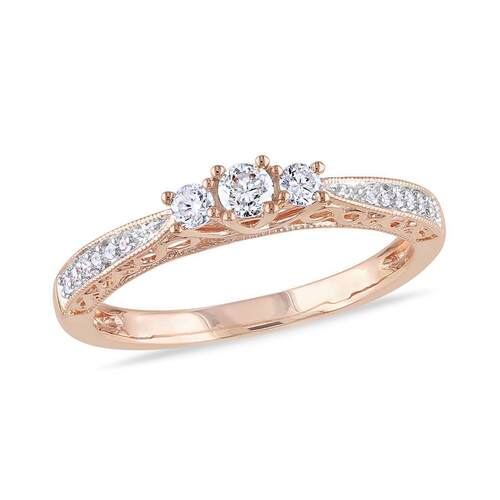 Amour 1 4 CT TW镶钻3 sTone Engagement戒指10K玫瑰金色