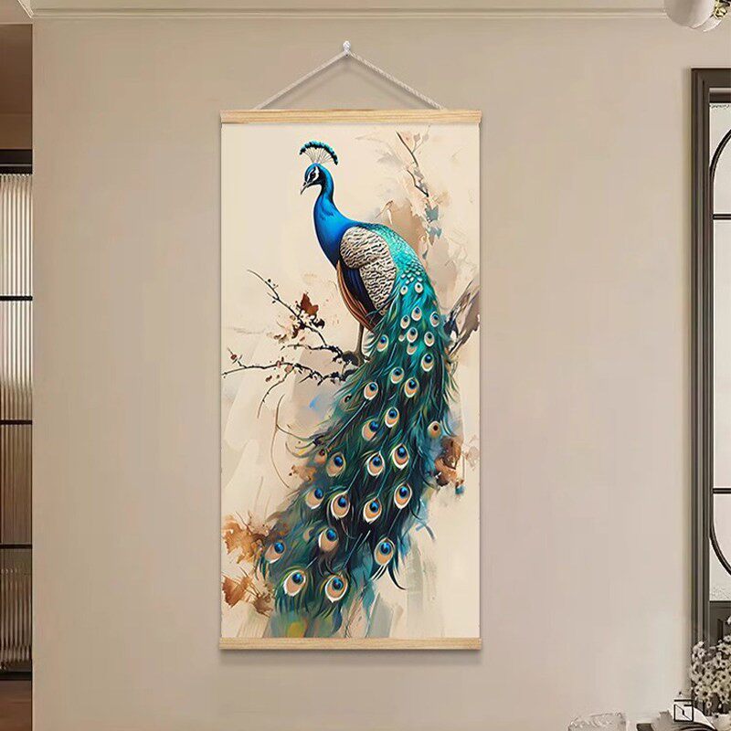新中式玄关挂毯客厅装饰画孔雀挂布饭厅挂画布艺走廊茶室墙面布画