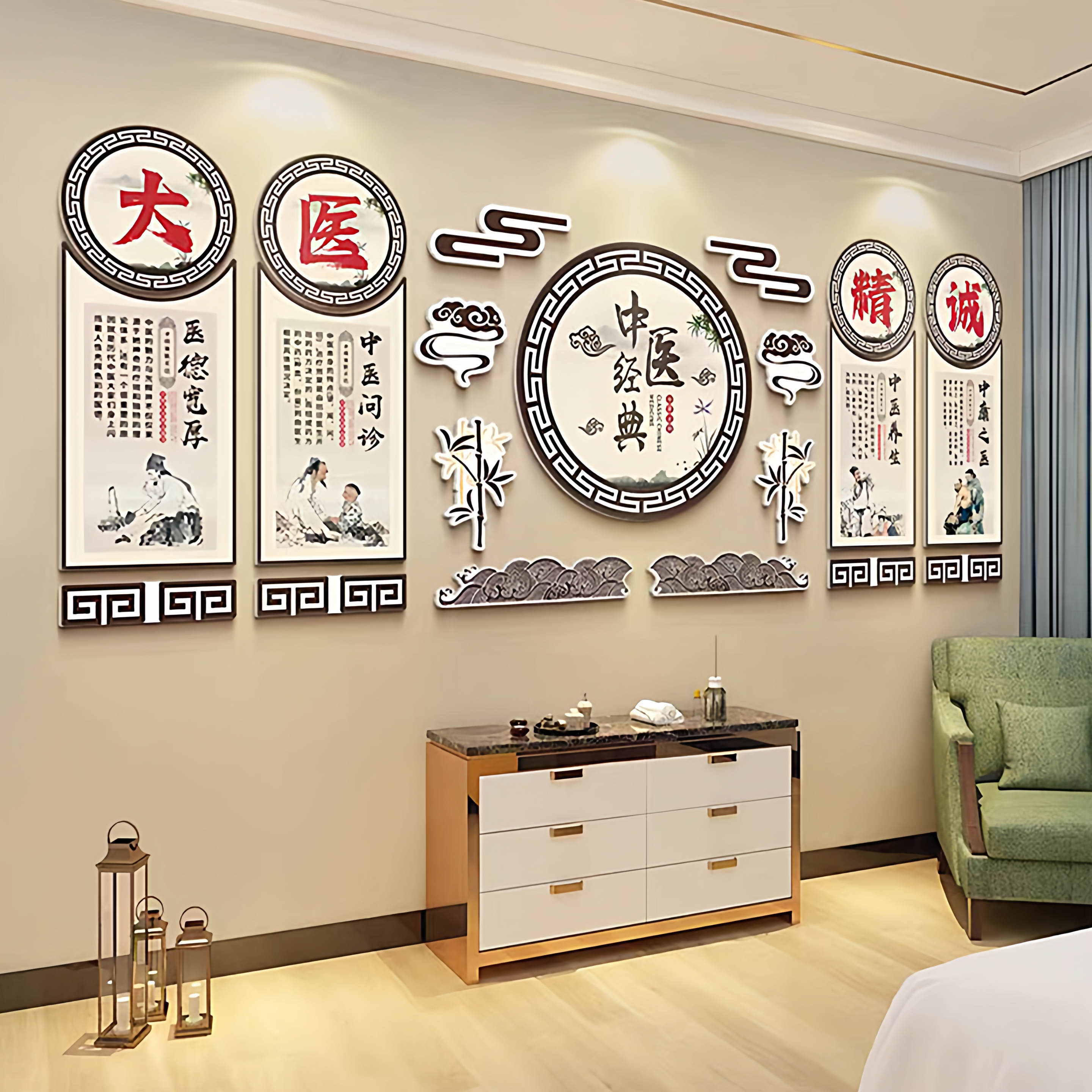 中医馆文化形象墙布置四季养生理疗宣传墙面壁画养生馆背景装饰画