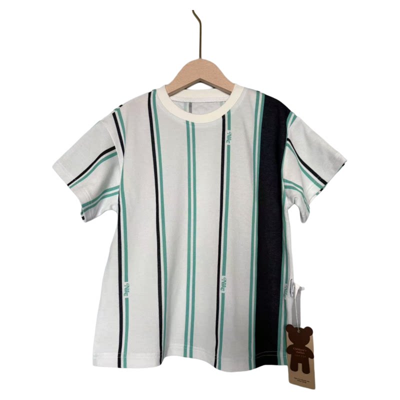 男童短袖T恤夏装2026新款中大童珠地棉帅气男孩上衣条纹圆领吸汗