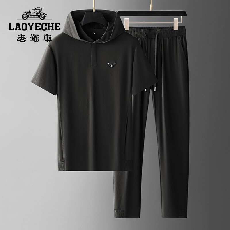 高端抗皱免烫冰丝短袖套装男士夏季薄款大码休闲运动连帽卫衣T恤