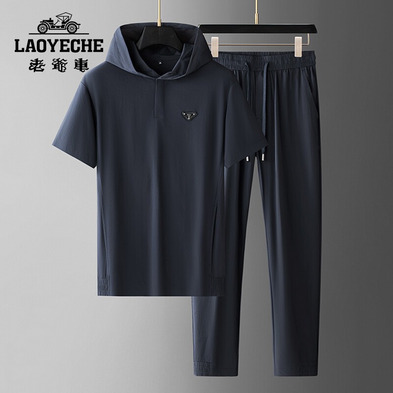 高端抗皱免烫冰丝短袖套装男士夏季薄款大码休闲运动连帽卫衣T恤