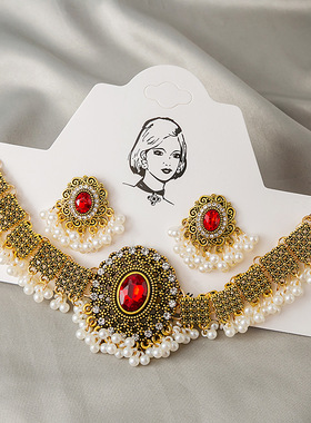 欧美跨境货源满镶珍珠亮片靓闪复古项链套装耳环个性拼色耳环链子