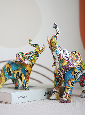 跨境现代创意涂鸦大象摆件家居玄关电视柜办公室装饰品树脂工艺品