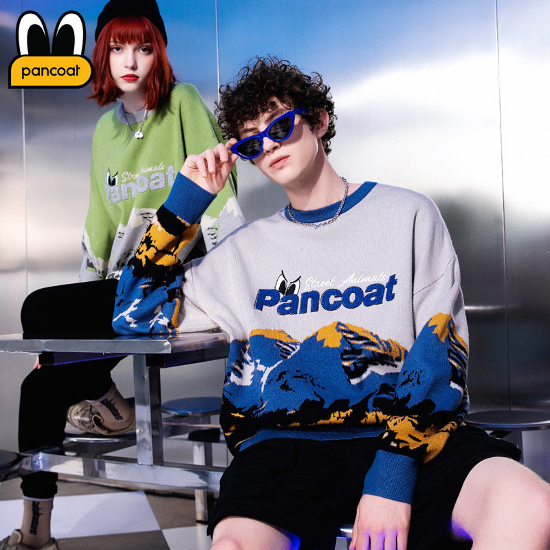 pancoat盼酷盼酷秋冬新款针织衫情侣装宽松潮牌大眼字母男女毛衣