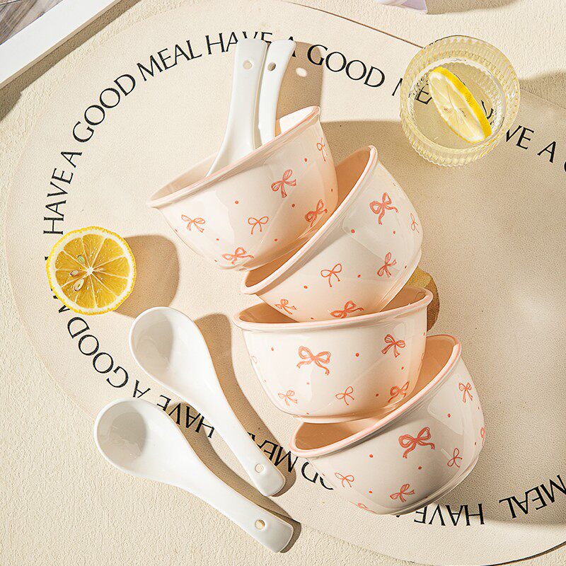 高颜值蝴蝶结ins餐具陶瓷下彩饭碗甜品家用情侣少女沙拉碗,餐饮具,碗,淘宝优惠券,粉丝福利购,淘宝优惠卷