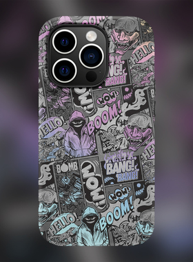 新款BOOM紫色漫画适用iPhone17promax苹果16pro手机壳14防刮涂层双层15plus磁吸Air保护套13全包防摔11男mini