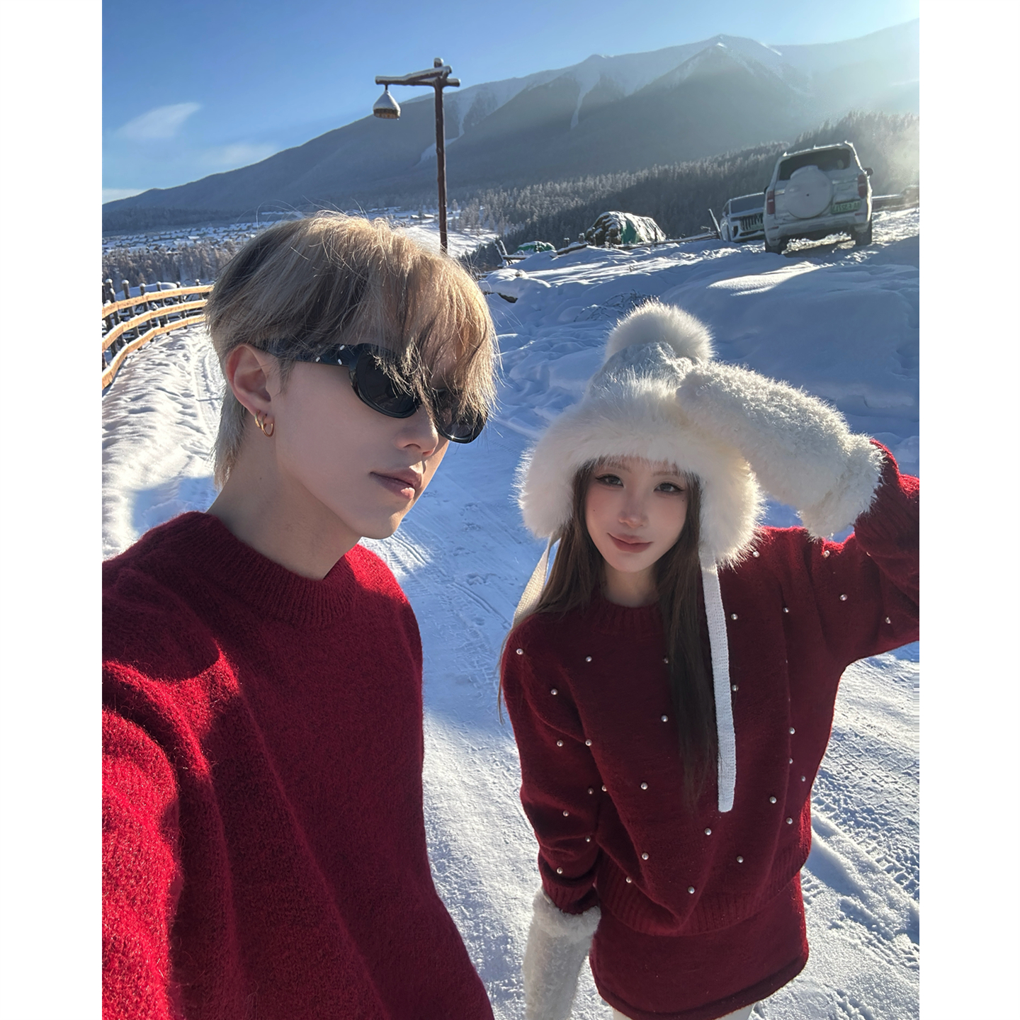 圣诞红色韩系气质上衣+裙子套装