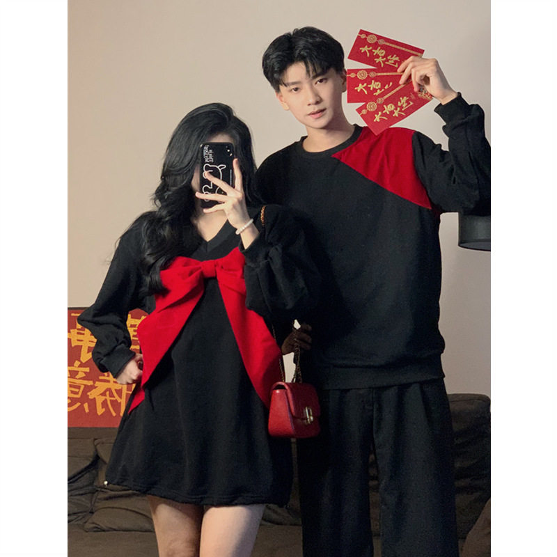 新年红色甜酷风蝴蝶结显瘦卫衣裙