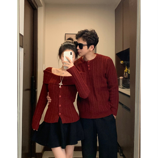 新年红色情侣装秋冬ins超火毛衣男女韩版宽松法式针织衫外套潮牌