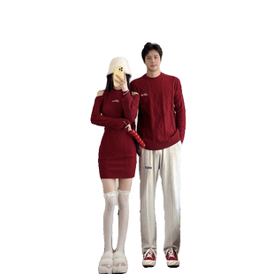 情侣装秋冬新款过年红色超火毛衣连衣裙一男一女韩版法式针织衫潮