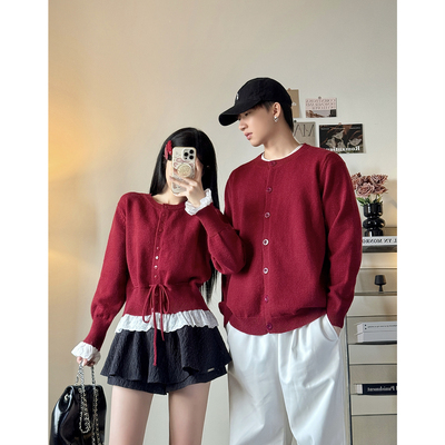 收腰设计花边拼接红色显白毛衣