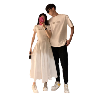 阿姐家小众设计感情侣装夏季韩版短袖T恤连衣裙法式一裙一衣ins潮