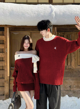 跨年红色情侣装秋冬ins超火毛衣连衣裙一男一女韩版法式针织衫潮